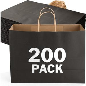 XPCARE 200Pack Large Paper Gift Bags with Handles Bulk,16x6x12 Inch Plain Natural Kraft Bag Packaging Black Paper Bags for Birthday Party Boutiques Business Retail Stores Merchandise