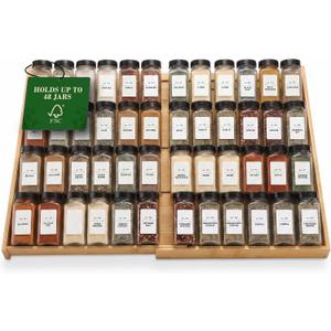 Bamboo Spice Drawer Organizer, Expandable 12 to 23 Inch Insert Holds 48 Jars, 4 Tier Seasoning Rack for Kitchen Drawer or Countertop, Adjustable Wood Spice Organizer