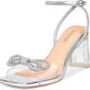 ISNOM Clear Rhinestone Heels for Women, Comfortable and Sassy, Suitable for All Occasions (9.5, Bow Silver)