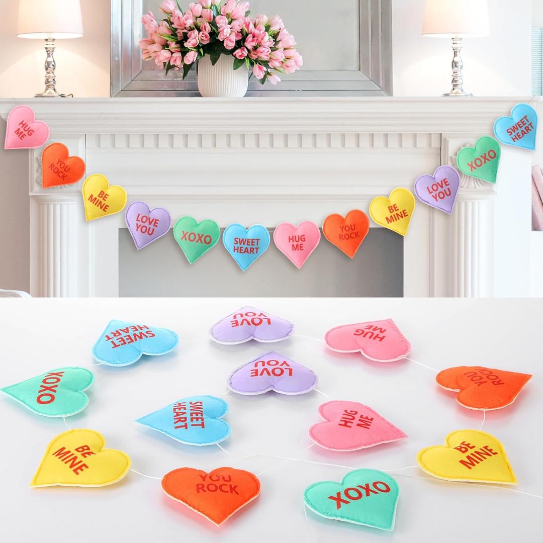 Frienda Valentines Conversation Heart Banner with 3D Heart Garland Valentines Decorative Colorful Romantic Hanging Garland for Wedding Anniversary Birthday Party Sweetheart Home Decor