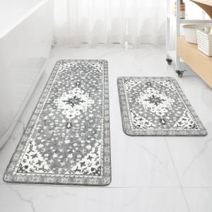 Uphome Boho Vintage 2 Piece Bathroom Rug Set Gray Non-Slip Soft Bathroom Rug Sets Machine Washable Oriental Aesthetic Bath Runner Traditional Tribal Floral Floor Mats for Shower Vanity Door Mat (18"x25"+18"x47", Grey)