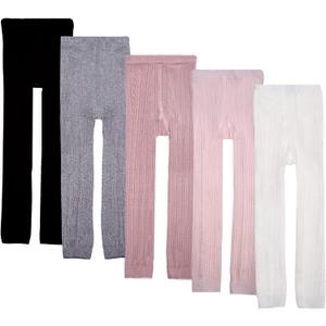 5 Pack Toddler Girls Cotton Cable Knit Leggings Classic Solid Footless Tights Ankle Length Pants for Kids, 4-6
