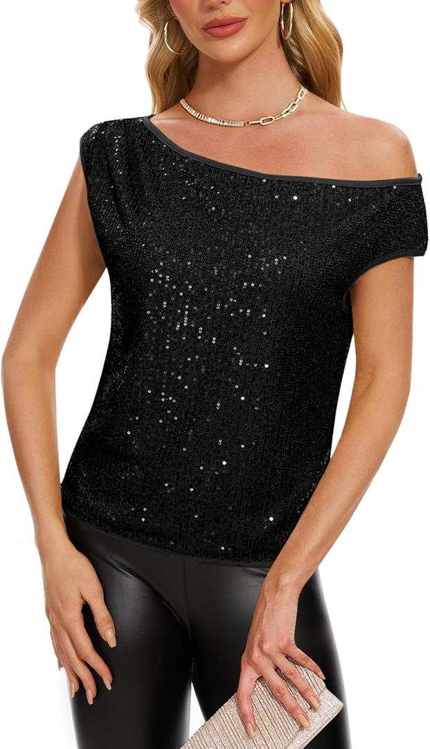 One Shoulder Sequin Sparkly Tops for Women Ruched Glitter Tops Slimming Sparkle Party Shirts (X-Large, Black)