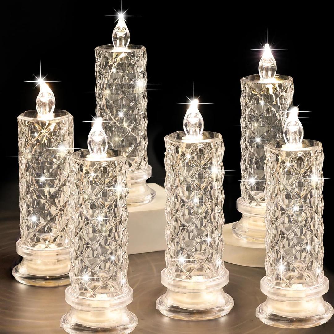 Rose Shadow LED Flameless Candles, 6PCS Romantic Battery Operated Candles Led Pillar Candles for Valentines Romantic Propose Anniversary Wedding Decorations(White, D 2.5" x H 7.2")