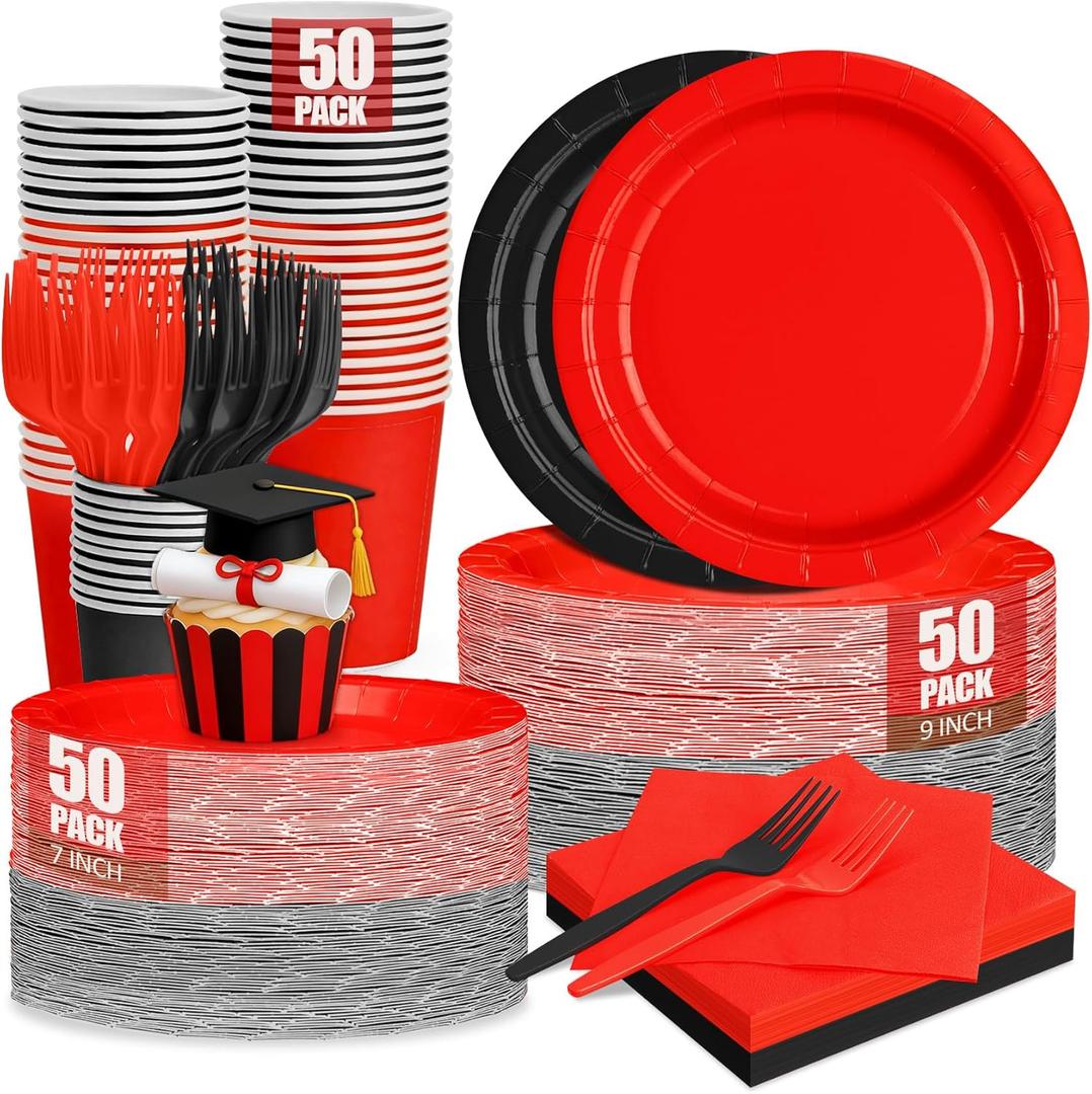 Red and Black Plates and Napkins Party Supplies, Include 9 Disposable Paper Plate, 7 Dessert Plates and Cups and Napkins Forks Set for Halloween, Christmas, Retirement, Birthday, Serves 50