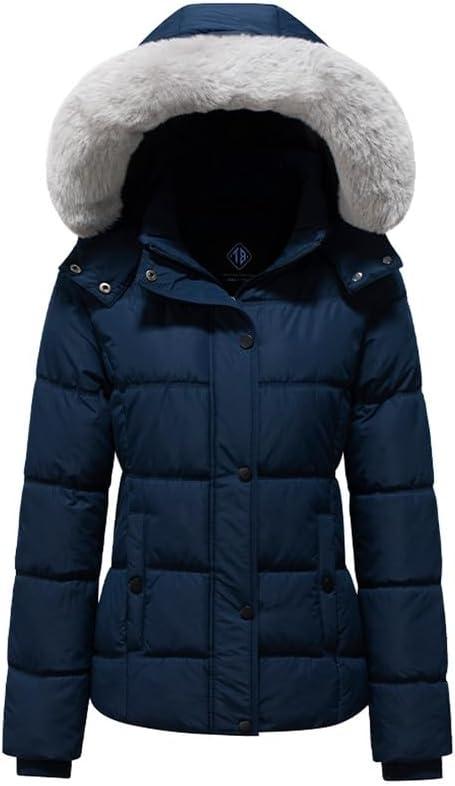 KVE Women's Hooded Warm Winter Coat Quilted Thicken Puffer Jacket with Removable Fur Hood in Plus Size) (5X, Navy)