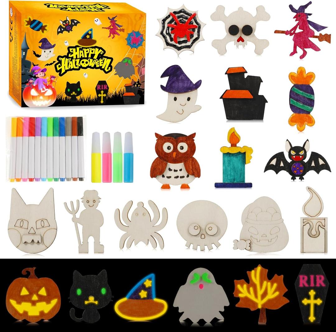 Worgree Halloween Crafts for Kids, 36 Pcs DIY Wooden Magnets Art Craft Supplies Painting Kit for Boys Girls Ages 4-8 8-12 Halloween Party Favors Gifts Basket Treat Goodie Bag Stuffers Classroom Prizes
