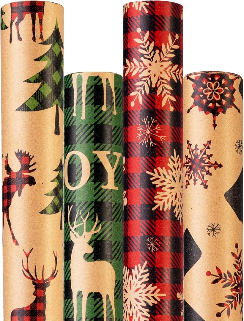 Christmas Wrapping Paper, Holiday Kraft Gift Paper (4 Rolls: 93 sq. ft. ttl) - Red/Green and Black Plaid Grid Patterns, Stockings Snowflakes Pine Tree and Reindeer - 17 inches x 16.5 feet Per Roll