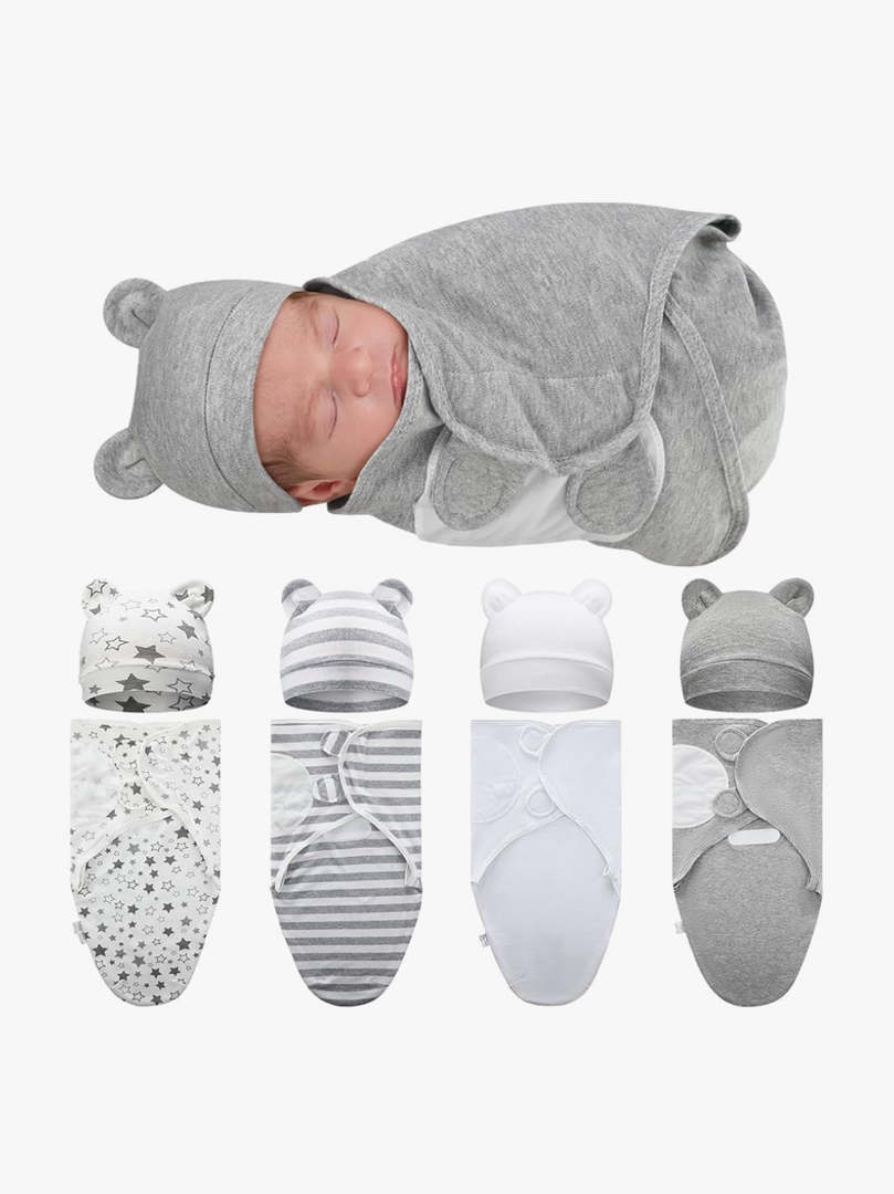 Buryeah 4 Pack Preemie Swaddle Blanket Wrap Set with Hat for Baby Boys Girls 3-7 Lbs Preemie Newborn Clothes Sleepers Cap