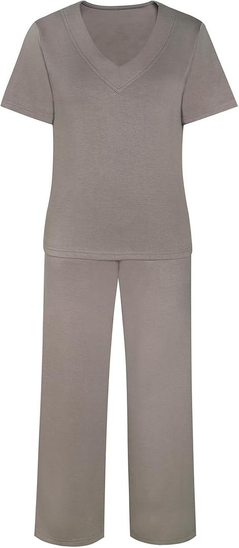 2 Piece Sets for Women Summer Lounge Set Wide Leg Pants Matching Casual Vacation Travel Outfits Beach Clothing(J2527-Dark Khaki-XXL)