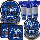 Funnymoom 400 Pcs Graduation Party Supplies Class of 2026 Graduation Paper Plate Napkin Cup Cutlery Congrats Grad Disposable Tableware Set for Grad Party Decorations, Serve 50 (Blue, White)