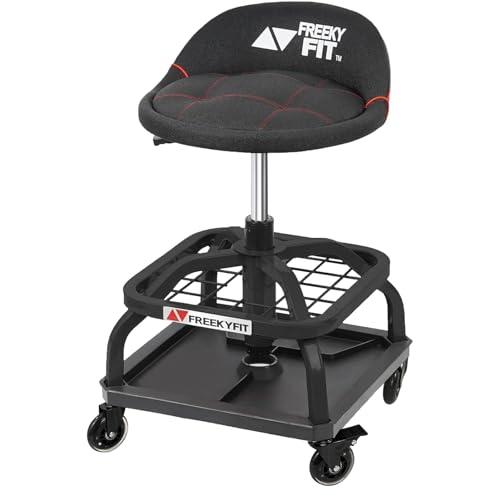 FreekyFit Rolling Shop Stool with Wheels, Garage Work Mechanic Stool with Backrest, Roller Mechanic Chair, Adjustable Height, 360° Swivel, Tool Tray Storage, 330 LBS Capacity, Heavy Duty, Black (16.7"D x 16.7"W x 19.5"H)