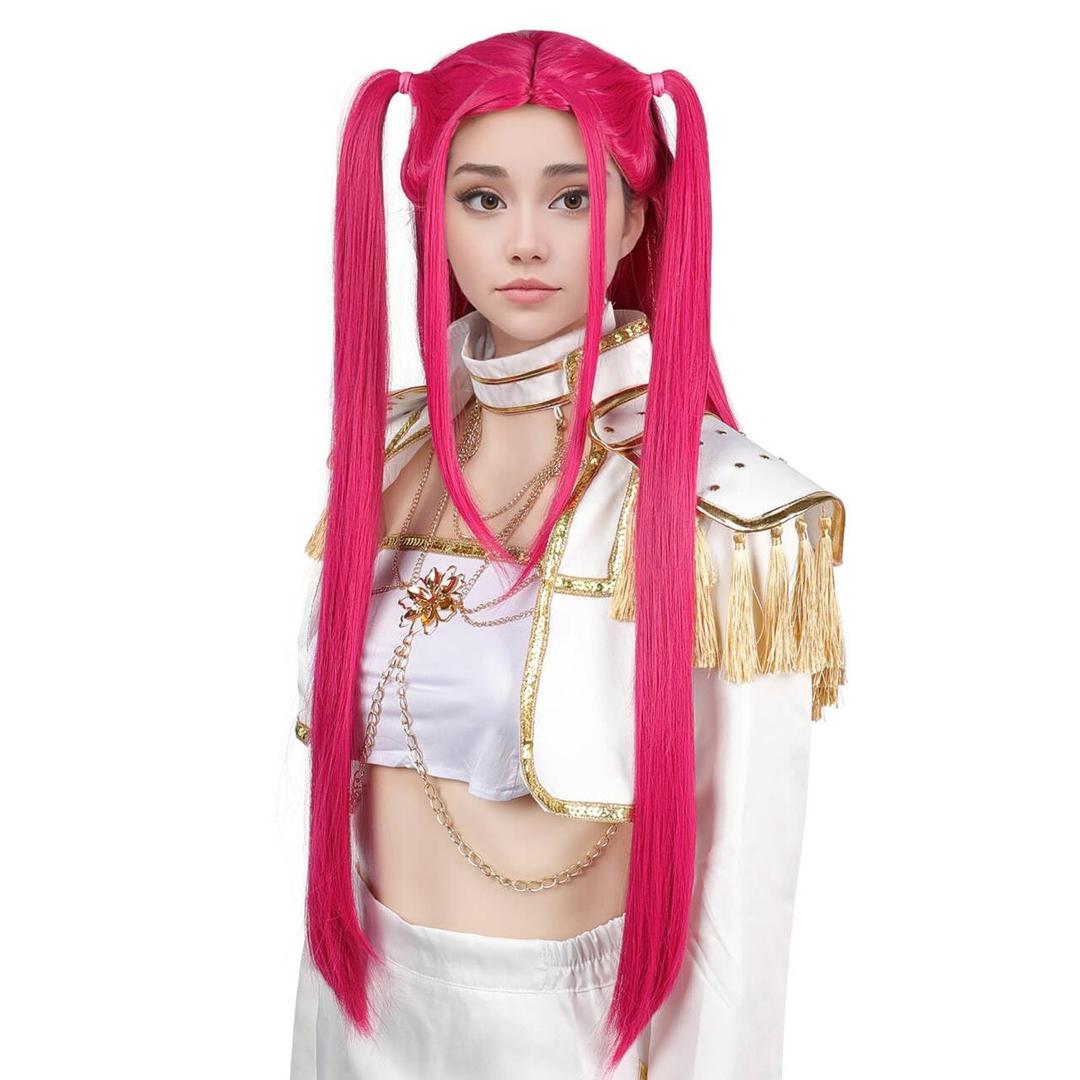 Hot Pink Long Straight Wig,Long Twin Tails Cosplay Wig,Heat Resistant Synthetic Hair,40 Inch Length, Pigtail Style,Halloween Costume Adult Accessory