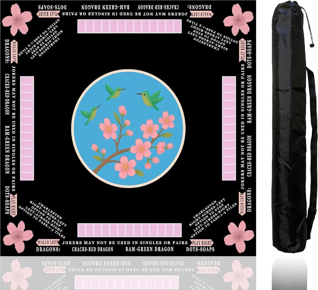 American Mahjong Mat with Rules Printed (33x33, 2.5mm Thick, Hummingbird Black) Mahjong Mat for Table w/Bag, Crease-Proof Waterproof Non-Slip, Soft Mahjong Table Mat, Noise Reduction