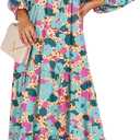 ANRABESS Womens Boho Maxi Dresses 2024 Summer V Neck Puff Sleeve Floral Flowy Swing Casual Long Dress Beige Teal Floral X-Large