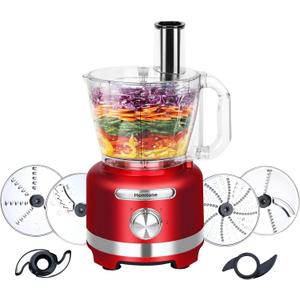 Homtone Food Processor 16 Cup, Vegetable Chopper Electric, Food Processors for Shredding, Slicing, Doughing and Chopping, 6 Blades 8 Functions for Home Use, 2 Speed & Pulse Speed, 600W, Red
