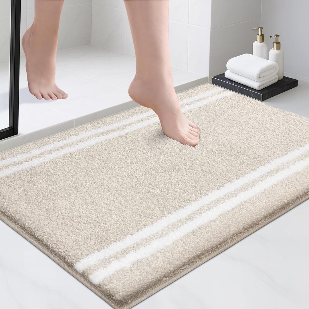PURRUGS Bathroom Rug Non-Slip Machine Washable 24" x 36", Super Absorbent and Quick Dry Shaggy Microfiber Bath Mat, Extra Soft and Plush Bath Rug for Bathtub, Shower, and Sink, Beige