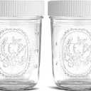 Regular Mouth Mason Jars 8 oz - (2 Pack) - Regular Mouth Half Pint 8-Ounces Mason Jars with White M.E.M Food Storage Plastic Lids - For Storage, Freezing - Leak Proof, Microwave & Diswasher Safe