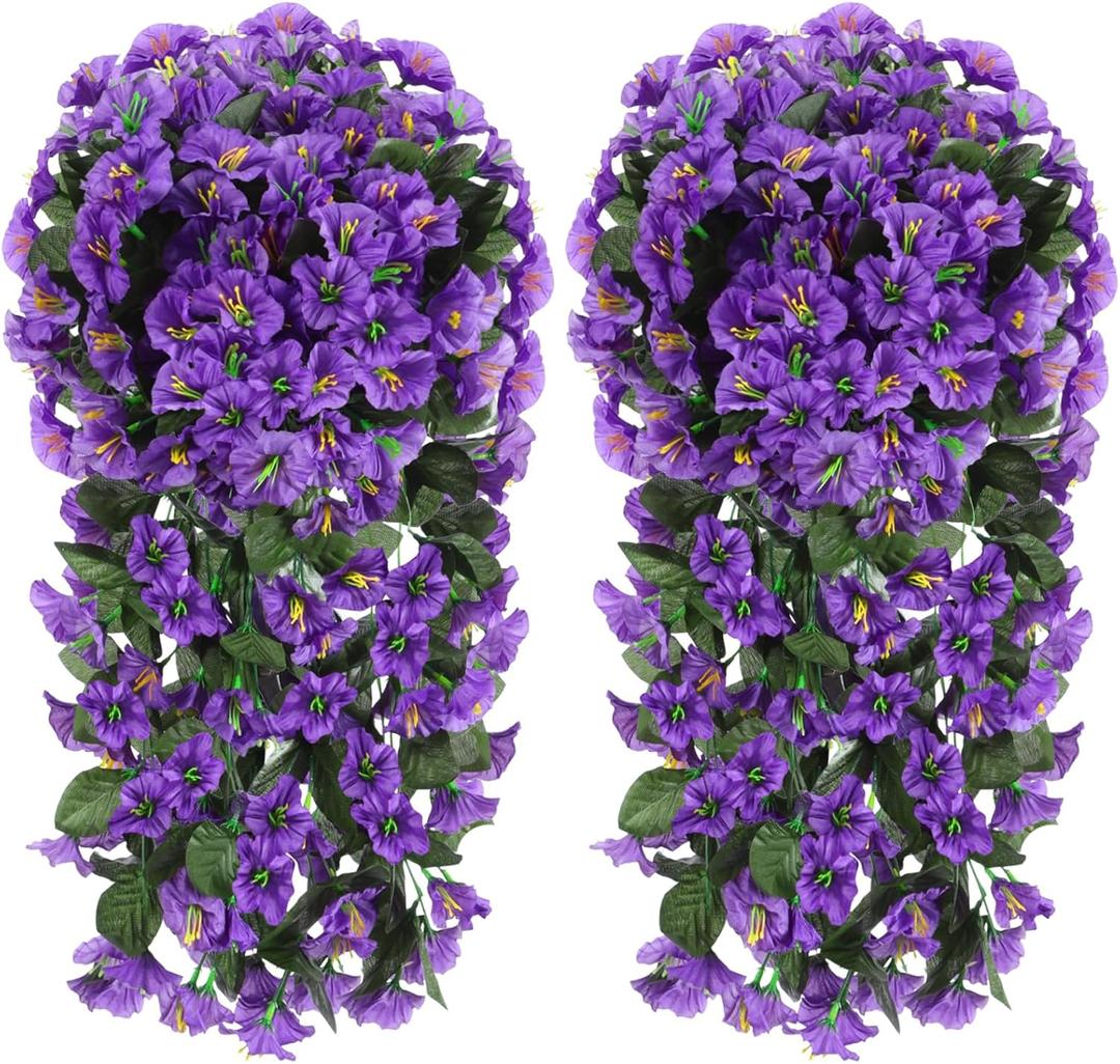 Suncalla 2 Pcs Artificial Fake Hanging Flowers Plants for Outdoor Faux Silk Morning Glory Vines UV Resistant Petunias Ferns Outside Spring Decoration for Porch Balcony Patio Garden (Purple)