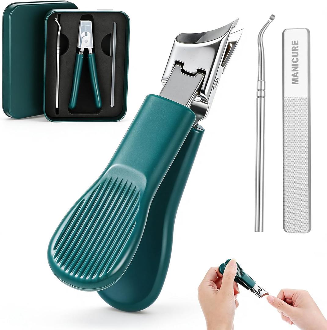 Molain Beak Beveled Nail Clippers Set, Wide Jaw Opening Toenail Cutter Anti-Splash Slanted Nail Clipper for Thick & Ingrown Toenails, Long Handle Professional Nails Clippers for Men Women