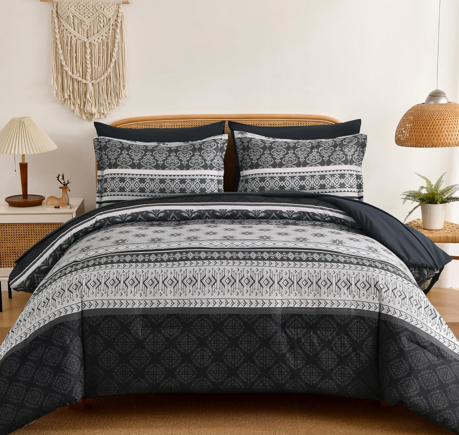 Boho Comforter Set Queen Size,7 Pieces Bohemian Comforter Bedding Set Bed in a Bag,Dark Grey Paisley Floral Comfortet and Sheet Set,Soft Gray Striped Bedding Sets for All Season