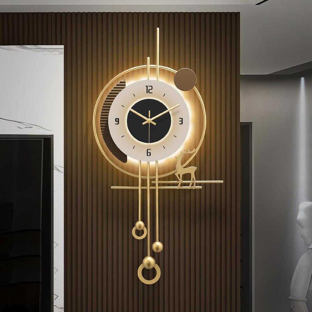 HEBOIX Modern Wall Clock for Living Room,Large Gold Decorative Wall Clock with Light,Creative Silent Clock Battery Operated for Kitchen/Entryway/Bedroom/Office/Dinning Room Metal Wall Decor, 13"Lx27"W