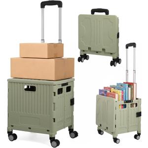 Rolling Cart for Teachers,Folding Rolling Crate Collapsible Utility Handcart Shopping Trolley Tool Box, with Lid, Basket on 4 Rotate Wheels, for Grocery, Office, Luggage, Teacher,Green
