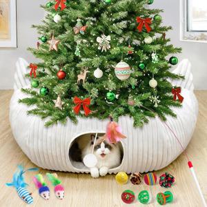 OurWarm White Plush Cat Tunnel Bed Under Christmas Tree, 95cm Large Cat Tunnel Tree Skirt Xmas Decor with 11 Cat Toys, Cozy Holiday Play & Hideaway for Cats, Soft Indoor Cat Activity Center