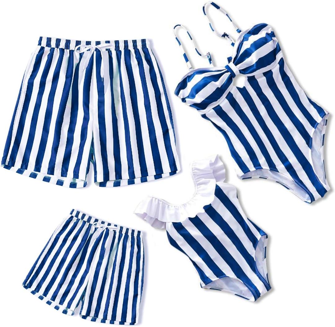 IFFEI Family Matching Swimsuits One Piece Bathing Suits Hollow Out Monokini Mommy and Me Swimwear Beachwear (Small, Blue-striped)
