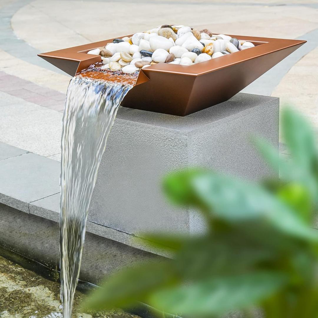 PONDO 20" Square Garden Water Bowl, Stainless Steel Spilling Water Feature for Outdoor Ponds, and Other Landscaped Areas (Antique Brown Coated)