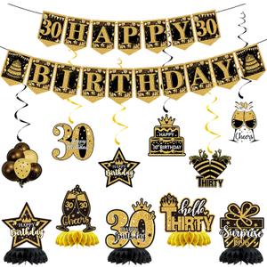 30th Birthday Decorations - 12 PCS Black Gold Happy 30th Birthday Banner 30th Hanging Swirls Streamers Surprise 1996 Honeycomb Centerpieces Table Decorations for Birthday Party Supplies Favors