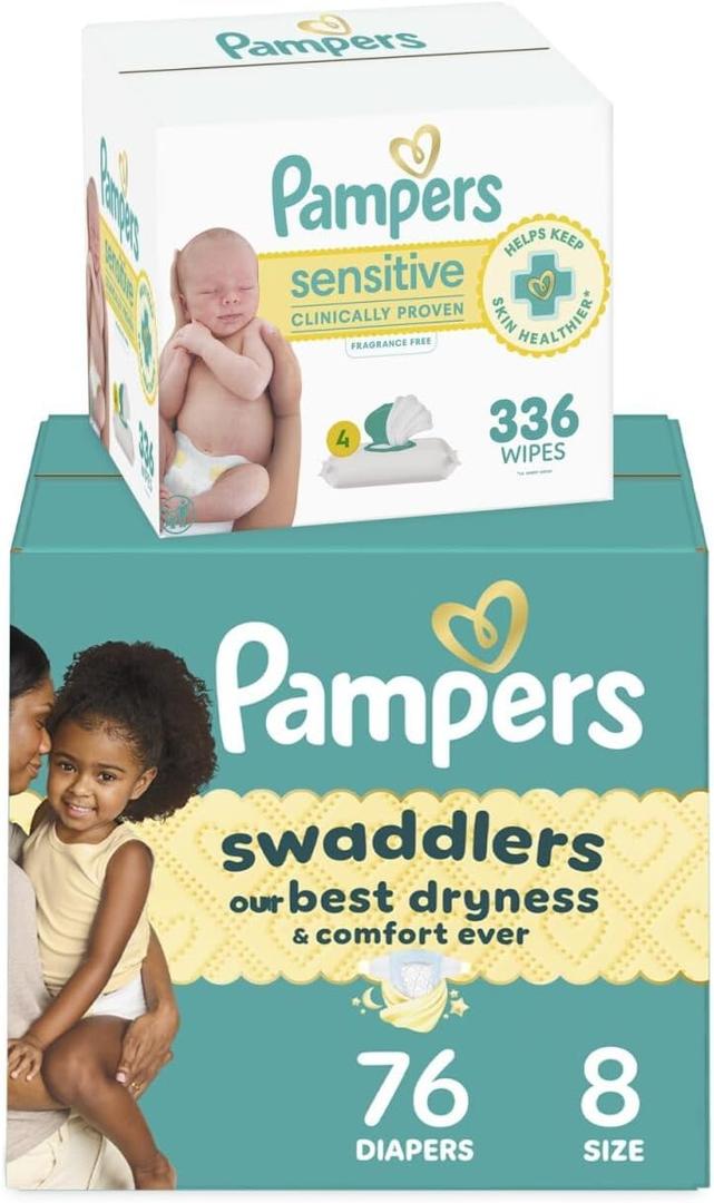 Pampers Swaddlers Disposable Baby Diapers Size 8, 76 Count with Sensitive Water Based Baby Wipes 4X Pop-Top Packs (336 Count)