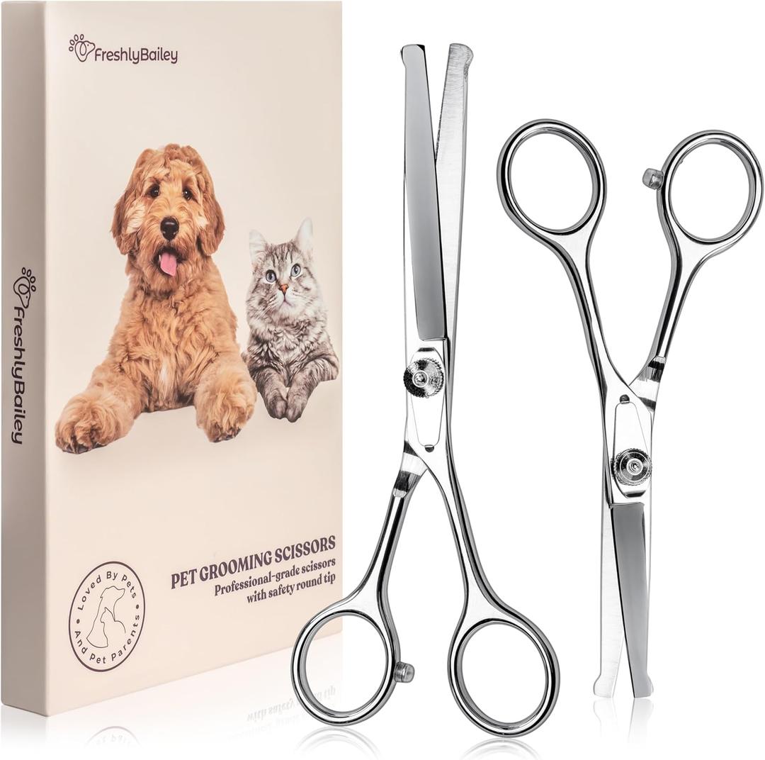 Freshly Bailey Pet Grooming Scissors Set with Round Tips for Dogs & Cats - Professional Grade Shears Safely Cut Through Dog or Cat Hair - Fur Trimming Made Easy - (Set of 2)