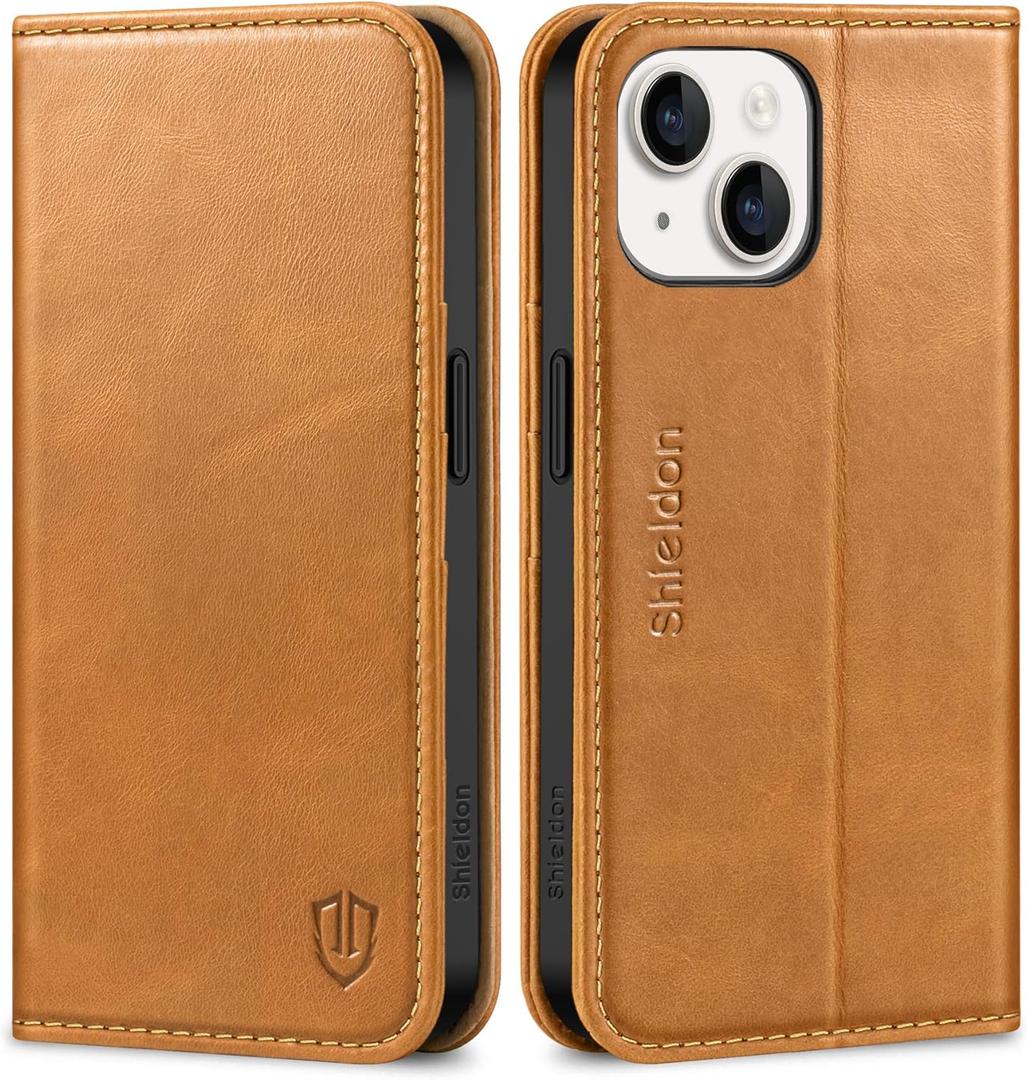 SHIELDON Case for iPhone 15 5G 2023, Genuine Leather Wallet Flip Kickstand RFID Blocking Card Holder Magnetic Shockproof Protective Phone Case Compatible with iPhone 15 6.1" - Brown
