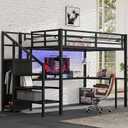 Bellemave Queen Loft Bed with Desk & Wardrobe, Heavy Duty Metal Loft Beds Frame with Storage Stairs, LED Loft Bed Queen Size with Charging Station & Safety Guardrails, No Box Spring Needed, Black