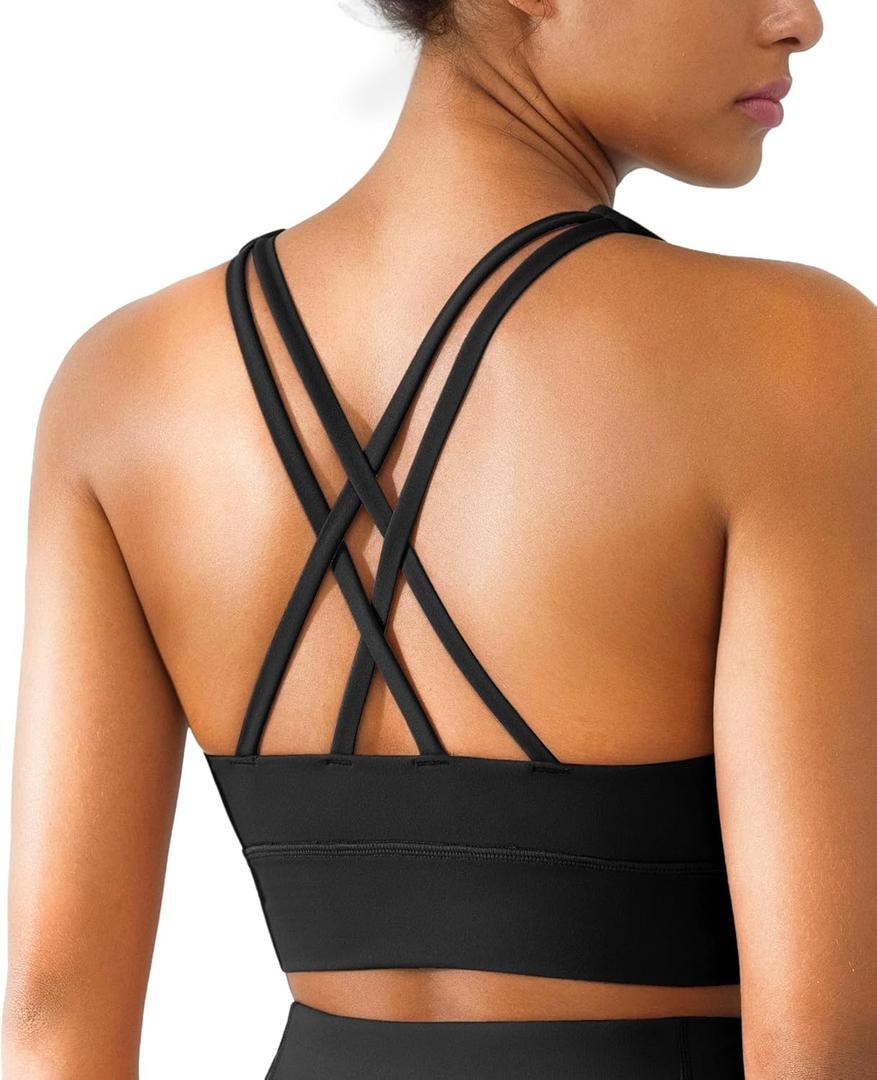 BRXL Buttery Soft Padded Sports Bra for Women Medium Support Criss Cross Back Strappy Athletic Workout Gym Yoga Running M, Black