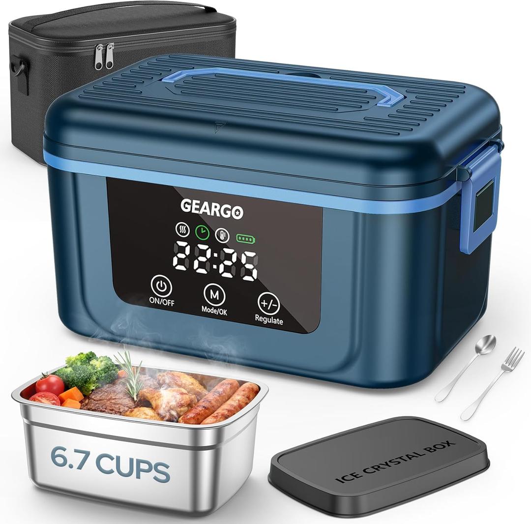 GEARGO   Cordless Electric Lunch Box, 1.6L & 24000mAh Rechargeable Heated Lunch Box with Ice Crystal Box, 24 Hours Scheduled Self Heating Lunchbox For Work Men Women(Blue)