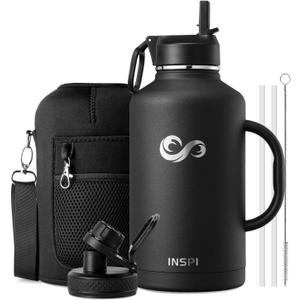 INSPI Insulated Water Bottle 64oz with Handle, Double Wall Vacuum Stainless Steel Water Bottles with Straw & 2 Lids, Half Gallon Metal Large Jug with Carry Pouch for Outdoor Sports, Black