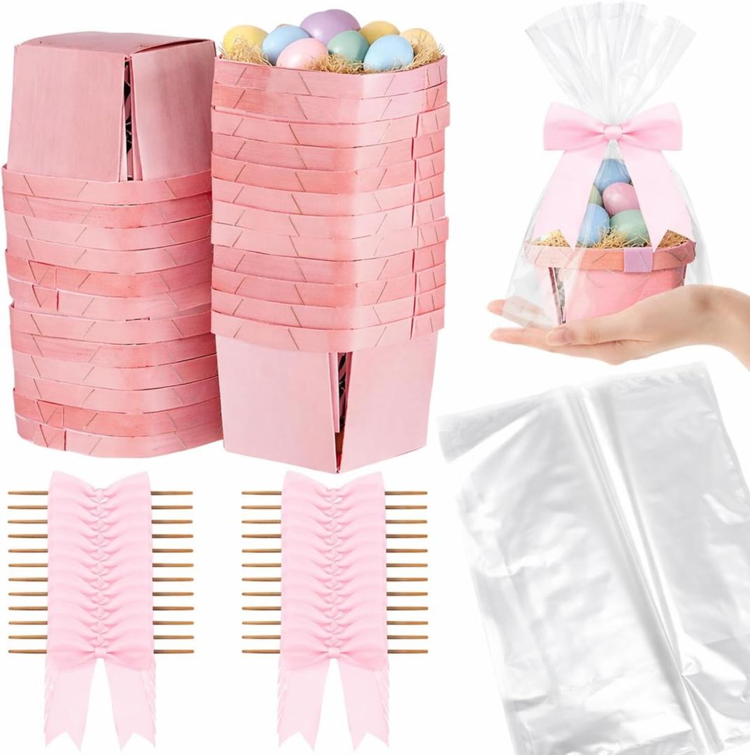 Kigley 24 Set Easter Mini Gift Basket Empty with Bow Wrap Bag Small Easter Goodie Stuffer Baskets Wooden Vented Berry Box with 24 Bags Candy Wedding Party Supply(Pink,4.02 x 2.56 x 2.95 Inches)