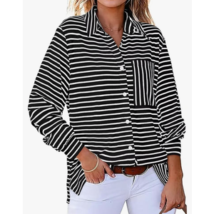 Astylish Women's 2025 Oversized Long Sleeve Shirts Button Up Striped Collared Front Pocket Top Medium, Black
