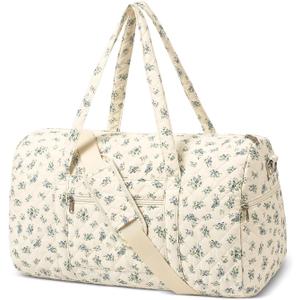Gym Bag for Women, Cute Duffle Bag, Quilted Duffle Bag for Travel, Floral Duffle Bags, Weekend Bag with Zipper Pocket Dance Bag Organizer (Without shoe compartment, Quilted-Blue Flower)