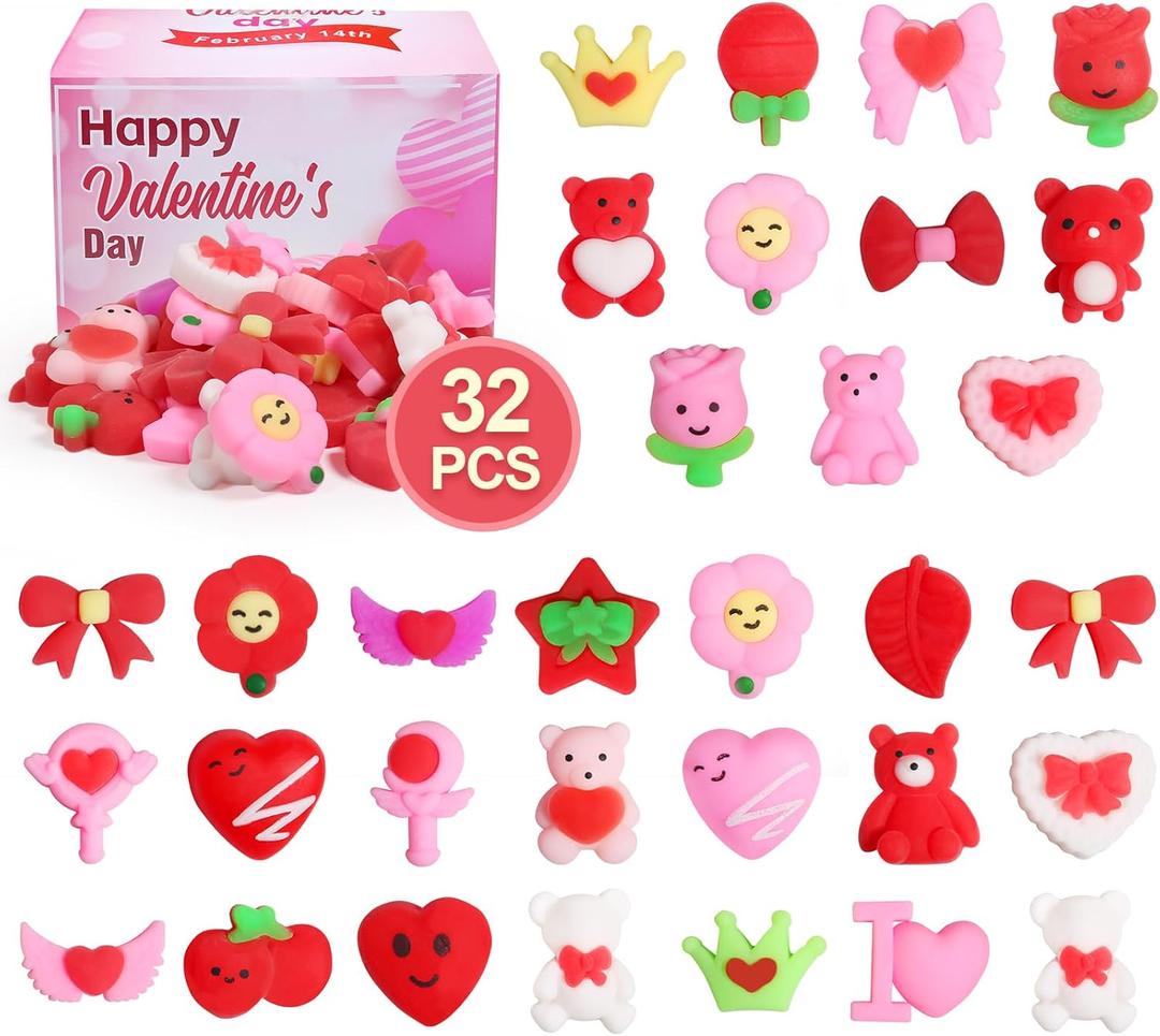 32 Pack Squishies Toys Valentines Day Mochi Squishy Kawaii Squishys Slow Rising Valentines Day Gifts Prizes Party Favors and Valentines Day Decor Goodie Bag Mini Squishies Stress Reliever Toy
