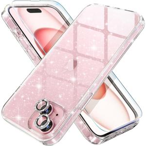 Choiche Compatible for iPhone 15 Plus Case Women Phone Case, Cute Bling Sparkly, Military Grade Drop Protection, 2 Diamond Camera Lens Covers, 2 Tempered Glass Protectors, 6.7 inch (Glitter Clear)