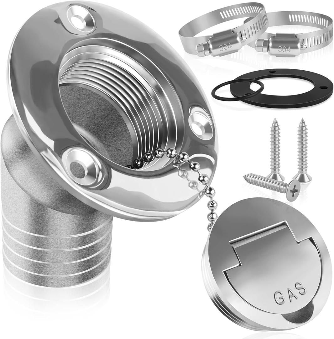 Boat Fuel Deck Fill/Filler with Keyless Cap with Screws, Marine Mirror Polished Stainless Steel Hardware Angled Neck for Boat Yacht Caravan (2inch)