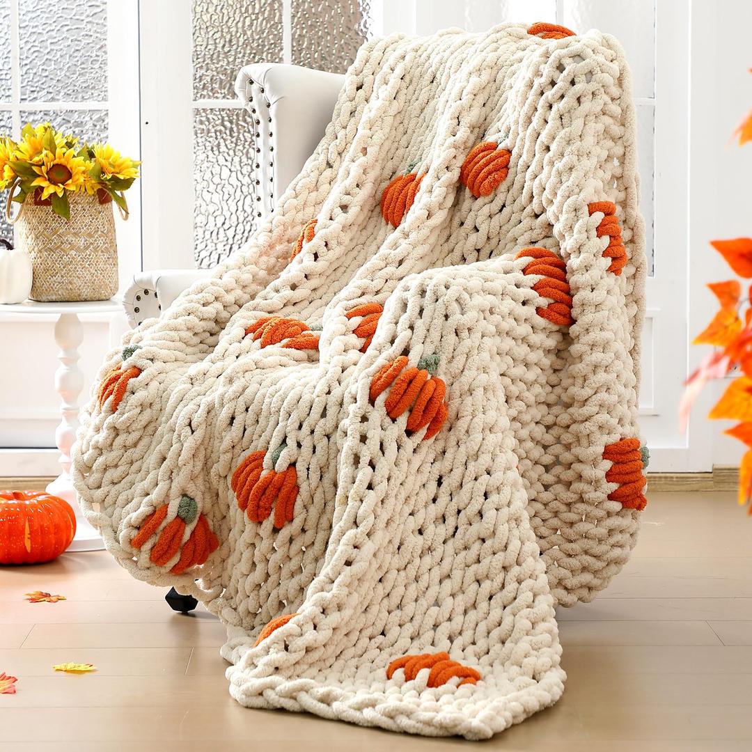 Mindsoft Fall Pumpkin Chunky Knit Throw Blanket 50" x 60",Beige