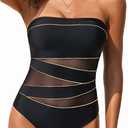 Holipick Women Strapless Bandeau One Piece Swimsuits Sexy Mesh Cutout Bathing Suits Tummy Control Swimwear (Large, Black With Gold)