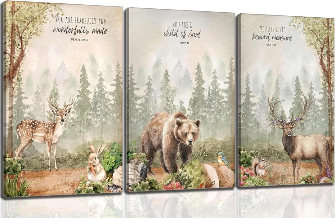 3Pcs Woodland Animal Nursery Wall Art Wild Animals Forest Posters Prints Deer Bear rabbit Christian Canvas Wall Decor for Boys Room Girls Room painting pictures Framed, 16"L x 24"W