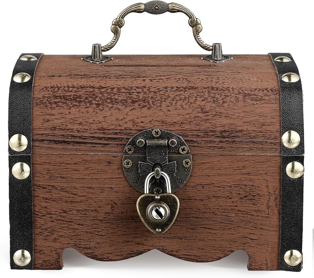 BESPORTBLE Piggy Bank: Vintage Wood Treasure Chest - Rustic Wooden Piggy Bank Treasure Chest with Lock Key for Wedding Home Decor, 5.65 * 4inch