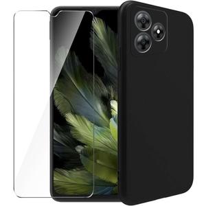 Case for Blackview Wave 8C + Glass Screen Protector Tempered Film - Transparent Silicone Soft Flexible Bumper Shockproof TPU Protective Cover Shell (Black)