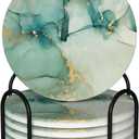 6 Pcs Ceramic Coasters with Holder Absorbent Drink Round Blue Green Jade Texture Marble with Golden Design for Home Table Coffee Cup Beer Bar,Size 4.4 inches